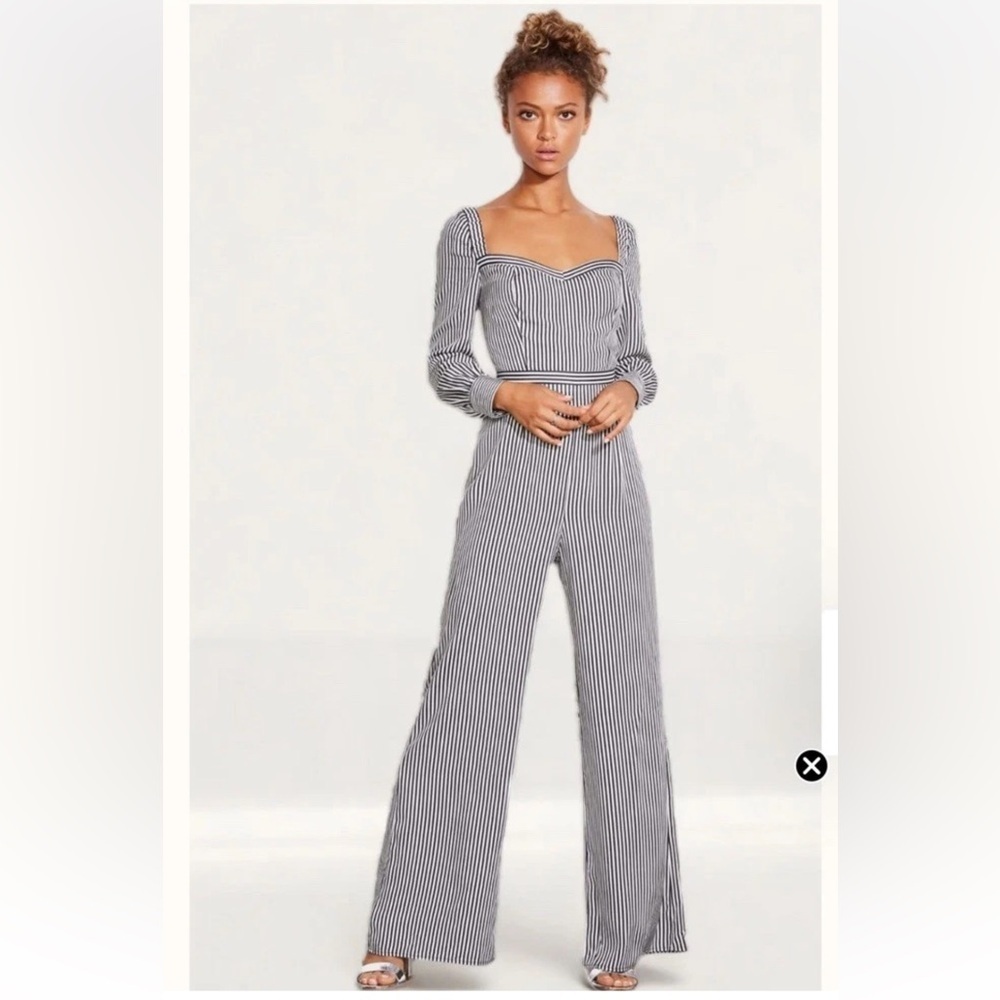 Ali & Jay XL Black White Striped Retro Jumpsuit Wide Leg Long Sleeve NWT *flawed